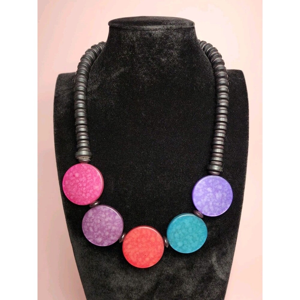 MULTICOLOR DISC BEAD SHORT BARREL CLAP CHOKER NECKLACE  BOHO RETRO COLORFUL 80'S
